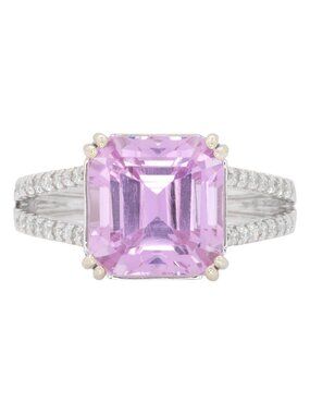 6.44Ct Kunzite & Natural Diamond Ring in Solid 14K White Gold with Split Shank